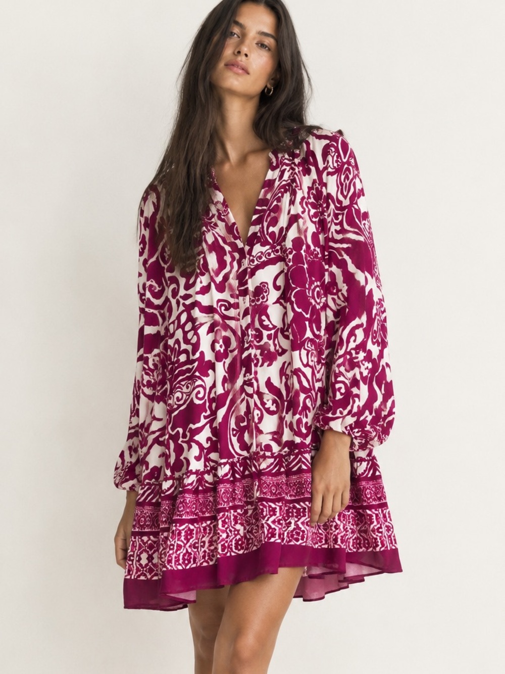 Zara Fuchsia and Cream Floral V-Neck Loose Dress Tunic